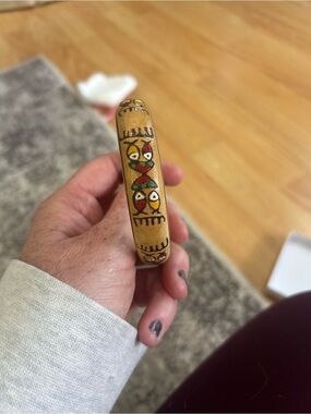 Hand-Painted Wood Bangle Bracelet in Natural Tan with Colorful Bird Motifs